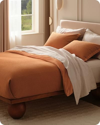 Bedsure PureWoven 3 Pieces Cotton Waffle Duvet Cover Set, Queen, Terracotta