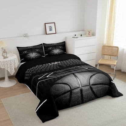 Black Basketball Comforter Set Queen Size for Kids Boys,3D Basketball Court Quilt Set 3Pcs,Teens Child Room Decor Ball Sports Gaming Theme Bedding Set Modern Fashion Duvet Insert,2 Pillowcases