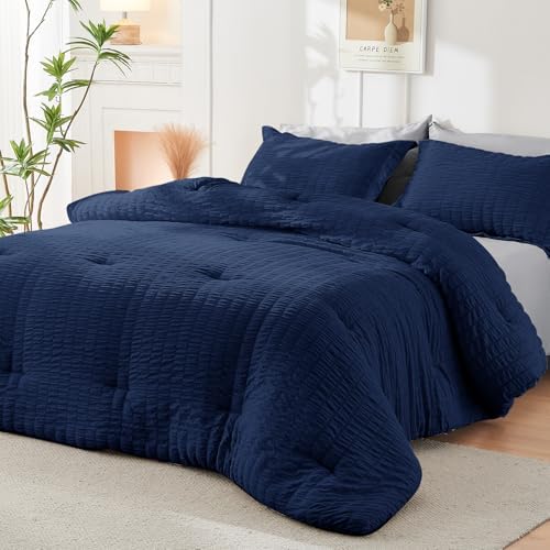 HYMOKEGE Navy Blue/Light Grey Oversized Queen Comforter Set Seersucker 7 Pieces, All Season Luxury Bed in a Bag for Bedroom, Bedding Set with Comforter, Sheets, Pillowcases & Shams