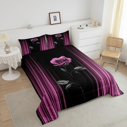 Feelyou Abstract Ombre Comforter Set King Size Kids Romantic Rose Comforter for Boys Girls Teens Purple Pink Bedding Set Geometric Striped Duvet Set Room Decor Quilt Set