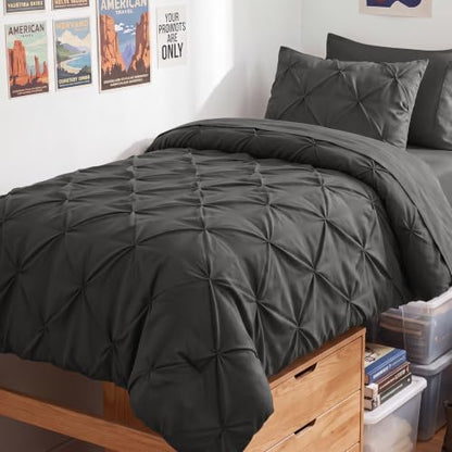 HIMEET Twin XL Comforter Set Dark Grey - 5 Pieces Pintuck Bed in a Bag