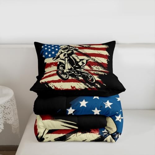 Feelyou Motocross Comforter Set King American Flag Pattern Bedding Set for Kids Boys Girls Dirt Bike Design Duvet Quilt Motorbike Bedroom Decor Extreme Sports Microfiber 3 Pcs with 2 Pillow Cases