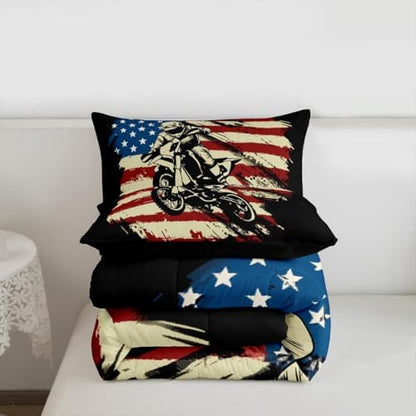 Feelyou Motocross Comforter Set King American Flag Pattern Bedding Set for Kids Boys Girls Dirt Bike Design Duvet Quilt Motorbike Bedroom Decor Extreme Sports Microfiber 3 Pcs with 2 Pillow Cases