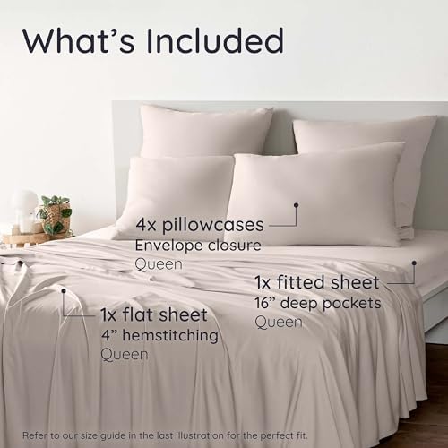 Bambaw 100% Viscose Derived from Bamboo Sheets Queen Size Set – 6pcs Cooling Queen Sheet Set, Deep Pocket Fits Up to 16'' with Elastic Corner Straps, Soft Sheets (Sand)