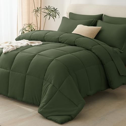 CozyLux Queen Comforter Set, 7-Piece Bed in a Bag, Olive Green