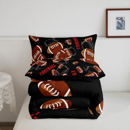Castle Fairy American Football Pattern King Size Comforter Set,Kids Ball Games Decor All Season Bedding Set,Teens Football Sports Comforter,Black Orange Decor Quilt Set Bedroom Collection 3Pcs