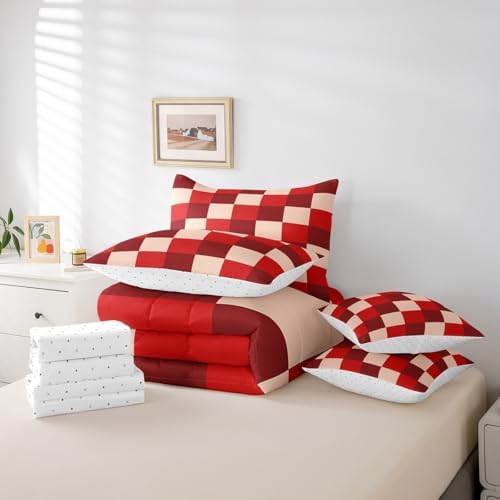 jejeloiu Red Bedding Set 7Pcs Full Size Kids Checkered Grid Comforter Set with Sheets for Boys Girls Classic Plaid Buffalo Check Bed in a Bag Soft Lightweight,Microfiber