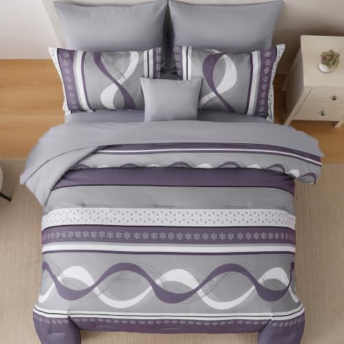 Grey Purple Comforter Set King Size,8 Pieces Patchwork Striped Bed in a Bag