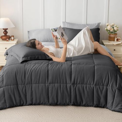 JOLLYVOGUE King Comforter Set, Ultra-Soft Bed in a Bag King Size 7 Pieces, Oeko-TEX Certified Bedding Set with Down Alternative Comforter, Sheets, Pillowcases & Shams, Dark & Light Grey
