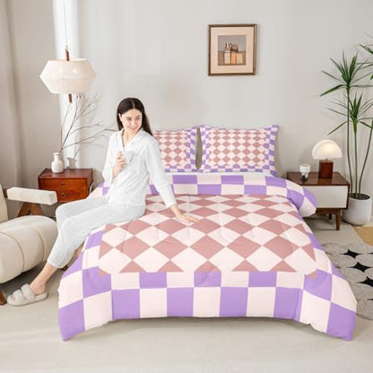 Feelyou Checkered Geometric Comforter Set All Season Pink Purple Plaid Bedding Set with 1 Pillow Cases Checkerboard Modern Aesthetic Kids Toddler Bedclothes Reversible Grey Bedroom Decor Duvet Quilt