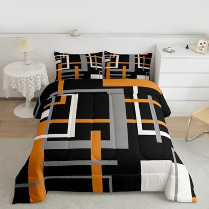 Orange Black Comforter Set for Teens Abstract Square Bedding Set Geometric Art Bedding Home Decor for Kids Comforter Twin Size White and Gray Quilted Duvet Set 1 Comforter with 1 Pillowcase