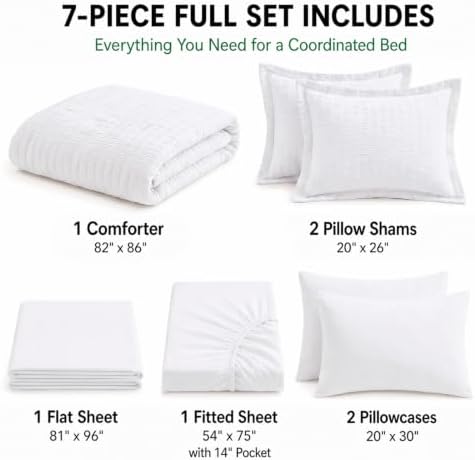 HIMEET Full Comforter Sets, 7-Piece Seersucker Bed in a Bag, White
