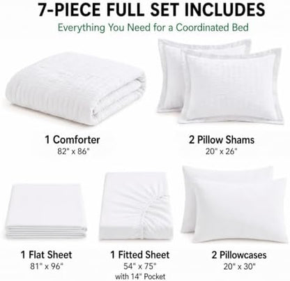 HIMEET Full Comforter Sets, 7-Piece Seersucker Bed in a Bag, White