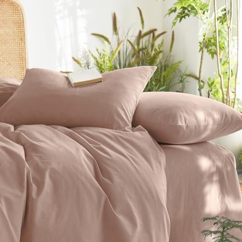 Wake In Cloud - Cotton Duvet Cover Set, 100% Washed Cotton, Linen Like Textured, Breathable Durable Comfy Farmhouse Neutral Bedding Set, 3 Pieces, Dusty Pink, King Size
