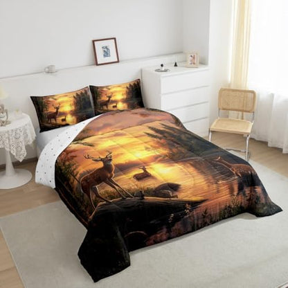 Feelyou Deer Comforter Sets Toddler Size for Boys Kids Teens,Wild Animal Bedding Sets Hunting Comforter Sets Woodland Moose Wildlife Forest Bed Set, with 1 Comforter 1 Pillowcase