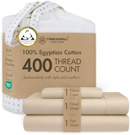 Threadmill 400TC Egyptian Cotton Twin XL Sheet Set, Sateen, Beige, 3-Piece