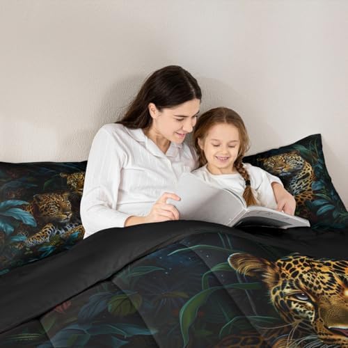 Jungle Cheetah Kids Comforter Set Twin Size,Palm Leaves Tropical Plant Botanical Bedding Set,Girls Boys Room Decor,Wildlife Leopard Animal Quilt Comforter,Brown Rustic Duvet Insert,1 Pillowcase