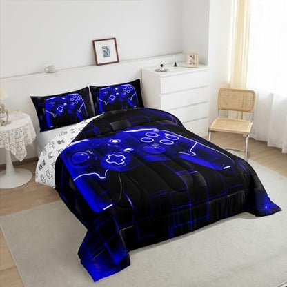 Manfei Modern Gamer Kids Comforter Set King Size, Royal Blue Gaming Bedding Set for Boys Teens Adults Bedroom Decor, Black Videogame Down Comforter, Reversible Gamepad Quilt Set, 2 Pillowcases