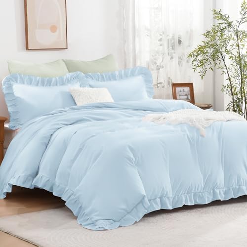 Andency Light Blue Ruffle Duvet Cover King, Shabby Chic Bedding Set