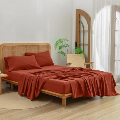 BESTOUCH Sheet Set 100% Washed Cotton Linen Feel Super Soft Comfortable Chic Lightweight 4 Pcs Home Bedding Set Solid Burnt Brick Red Queen