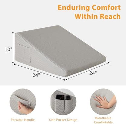 Ruqmuis Wedge Pillow for Sleeping, 10" Bed Wedges Pillow for Headboard, Triangle Incline Wedge for Acid Reflux, Pillows Wedge for Back Pain Relief, Elevated Leg Pillows After Surgery, Snoring, Grey