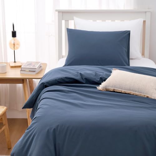 Wake In Cloud - Cotton Duvet Cover Set, 100% Washed Cotton, Linen Like Textured, Breathable Durable Comfy Farmhouse Neutral Bedding Set, 3 Pieces, Dark Blue, Twin/Twin XL Size