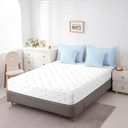 jejeloiu Blue Bedding Set 7Pcs Queen Size Kids Plaid Checkered Comforter Set with Sheets for Boys Girls Classic Grid Buffalo Check Bed in a Bag Soft Lightweight,Microfiber