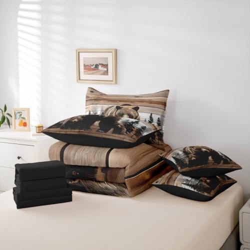 Erosebridal Cute Bear Family Full Comforter Set with Sheets 7 Piece Country Brown Bear Bed in A Bag Wild Hunt Animals Bedding Sets for Women Adults Rustic Wooden Board Cabin Bed Set Farmhouse Decor