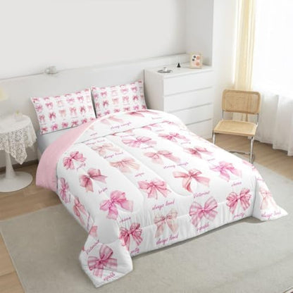 jejeloiu Pink Bow Comforter Set All Season Girls Bow Bedding Set with 2 Pillow Cases Cute Bowknot Microfiber Kids Queen Bedclothes Bedroom Decor Duvet Quilt Breathable Soft Lightweight