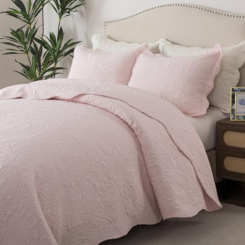 HoneiLife Queen Size Quilt Sets - 3 Piece Queen Quilt Bedding Set Microfiber Quilt Set Lightweight Bedspreads Reversible Coverlets Retro Bed Cover Floral Bedding Set All Season Quilts-Light Pink