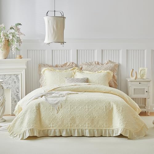 Ruffles Quilt Set Queen Size 96 * 96in - 3 Pieces Solid Shabby Chic Farmhouse Ruffled Bedding Rustic Coverlet Lightweight Fluffy Summer Oversized Bedspread with Shams for Women Men Light Yellow