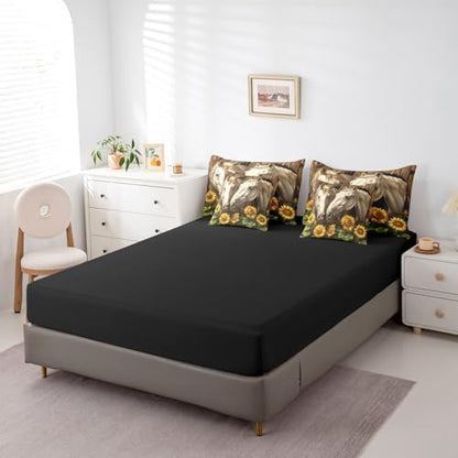 Erosebridal Rustic Horse Bedding Set Twin,Yellow Sunflower Comforter Set,Western Farmhouse(Comforter+Fitted+Flat Sheet+2 Pillowcases+2 Throw Pillow Covers) 7 Pieces Cowboy Cowgirls Bed Set