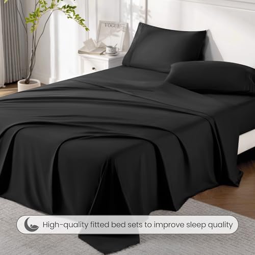 ROSE&RISY Black Queen Sheet Set, 4 Pieces Soft Bedding Queen Sheet Set, Breathable and Cooling,Includes 1 Fitted, 1 Flat, 2 Pillow Cases - Deep Pocket (Black, Queen)