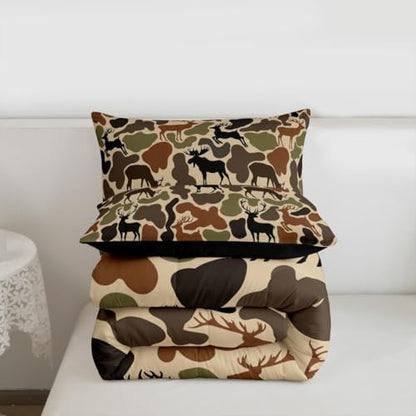 Homewish Deer Camo Comforter Set Queen Size,Army Green Camouflage Bedding Sets 3Pcs for Kids Women Room Decor,Hunting Deer Quilted Duvet Hunt Wild Animals Down Comforter,2 Pillowcases
