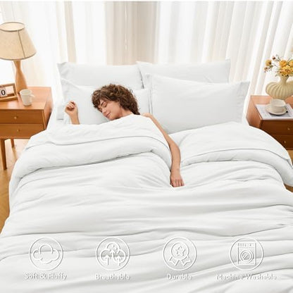 MUXHOMO 7 Pieces Oversized King Comforter Set, Soft Bed in a Bag Oversized King Size, All Season Bedding Set with Comforter, Flat Sheet, Fitted Sheet, Pillowcases & Shams, White