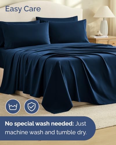 Split King 7 Piece Bed Sheet Set - Comfy, Breathable & Cooling - Dark Blue