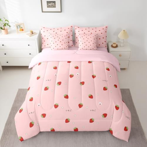 Erosebridal Girls Strawberry 7 Piece Bedding Set Queen Size Kawaii Bed in A Bag Kids Japanese Style Pink Cute Cartoon Fruit Food Theme Comforter with Sheets Girly White Floral Bed Sets