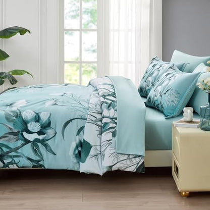 Luxudecor Floral Comforter Set Twin Size 7 Piece, Aqua Flower Bed in a Bag, Elegant Gradient Floral Comforter with Sheet Set, Soft Seersucker Microfiber Bedding Set for All Season (Aqua, 68"x86")