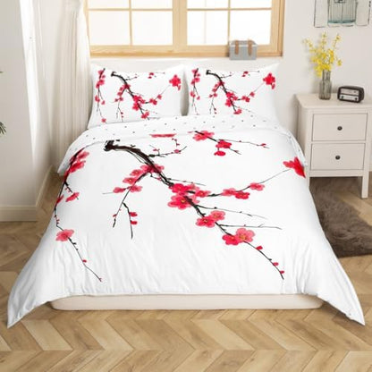 Feelyou Kids Cherry Blossoms Duvet Cover Twin Size Japanese Style Bedding Set Boys Girls Sakura Flower Comforter Cover Set Floral Botanical Branches Spring Bedspread Cover（No Comforter