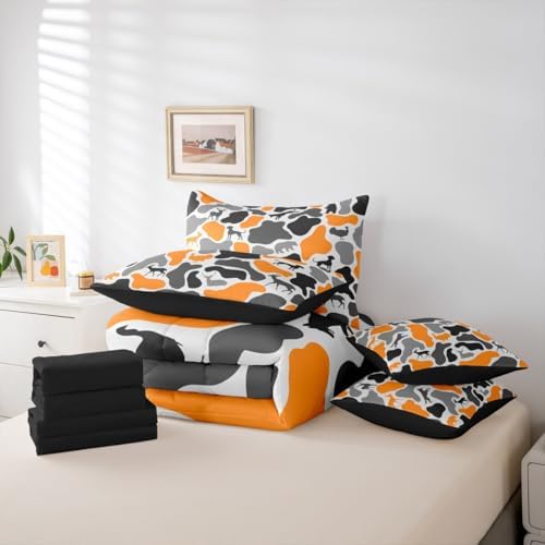 Erosebridal Bear Wolf 7 Piece Bedding Set Queen Camouflage Comforter Set with Sheets Orange Grey Animals Print Army Bed in a Bag Deer Hound Turkey Theme Camo for Kids Boys Girls