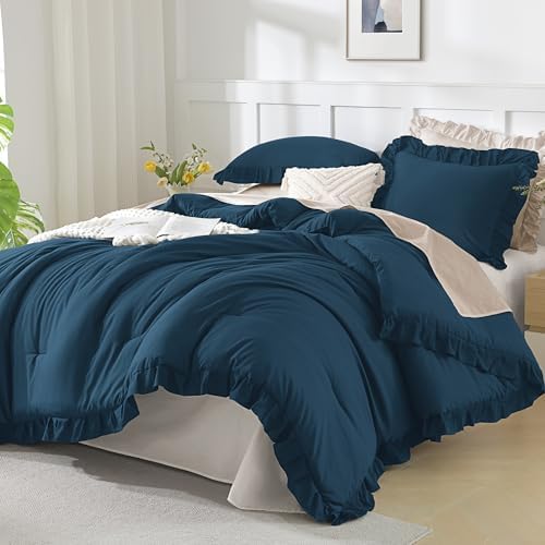 Andency Navy Blue Queen Comforter Set, 3 Pcs Farmhouse Shabby Chic Bedding