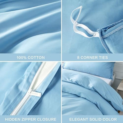 SAPHREAS Blue Duvet Cover Queen Size 3 Pieces Extra Soft 100% Cotton Bedding Set, Includes 1 Duvet Cover 90"x90" with Zipper Closure & 2 Pillow Shams, Comforter Not Included