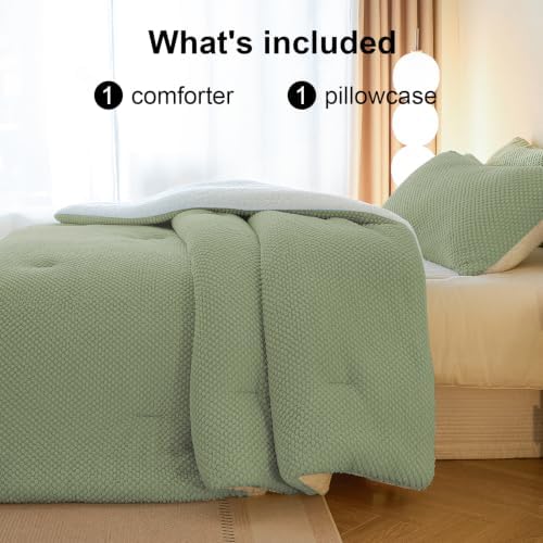 LLanCL 3D Jacquard Design Comforter Set, Ultra-Soft Warm Twin Size Sherpa Fur Plush 2-Pieces Sets Luxury Cozy Bedding with 1 Pillowcase (68"x90", Sage Green)