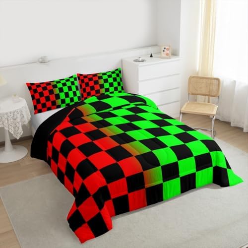 Feelyou Checkered Retro Comforter Set All Season Geometric Vintage Bedding Set with 1 Pillow Cases Red Green Kids Toddler Bedclothes Modern Groovy Aesthetic Bedroom Decor Duvet Quilt