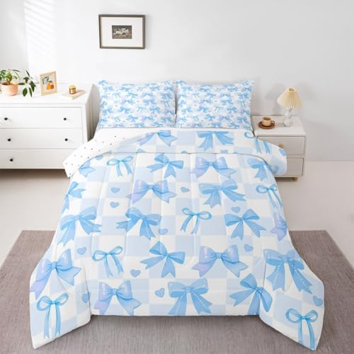 jejeloiu Watercolor Bow Comforter Set Queen Size Blue Bow Bedding Set for Kids Boys Girls Dreamy Princess Style Duvet Quilt Bedroom Decor Microfiber 3 Pcs with 2 Pillow Cases