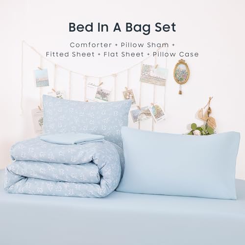 Wake In Cloud - Floral Comforter Set with Sheets, Coquette Cottagecore Aesthetic Flower Shabby Chic Pattern for Women Teen Girls, 5 Pieces Bed in a Bag, Light Blue, Twin Size