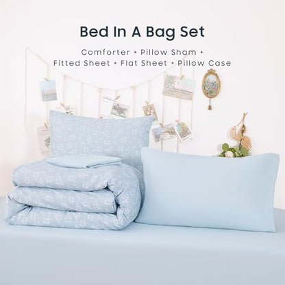 Wake In Cloud - Floral Comforter Set with Sheets, Coquette Cottagecore Aesthetic Flower Shabby Chic Pattern for Women Teen Girls, 5 Pieces Bed in a Bag, Light Blue, Twin Size