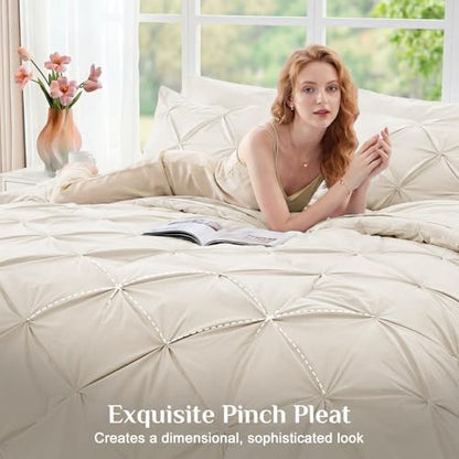 JOLLYVOGUE Queen Comforter Set 7 Pieces - Bed in a Bag Queen for All Season, Pintuck Bedding Comforter Sets with Comforter, Flat Sheet, Fitted Sheet and Pillowcases & Shams, Beige