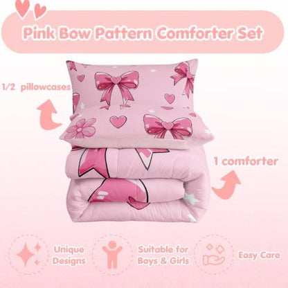 jejeloiu Pink Bow Kids Comforter Set King Size Bowknot Bedding Set Butterfly Bowknot Duvet Quilt for Kids Boys Girls Bedroom Pink Decor Microfiber Ultra Soft Breathable