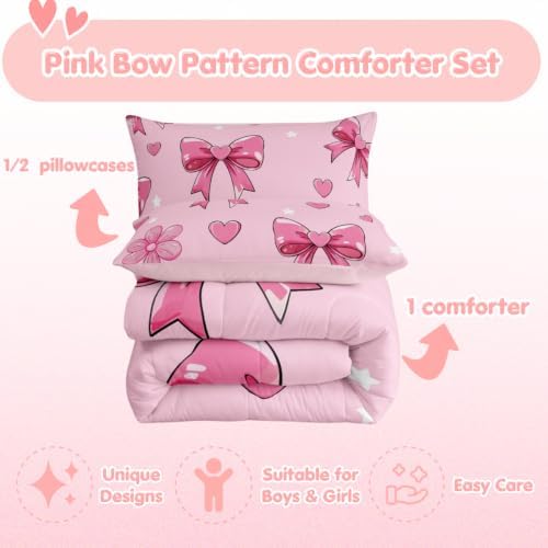 jejeloiu Pink Bow Kids Comforter Set Full Size Bowknot Bedding Set Butterfly Bowknot Duvet Quilt for Kids Boys Girls Bedroom Pink Decor Microfiber Ultra Soft Breathable
